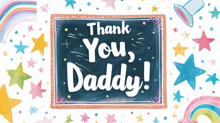 A vibrant card with the text Thank You, Daddy! surrounded by playful illustrations such as rainbows and stars