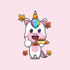 Cute unicorn with coffee in autumn season