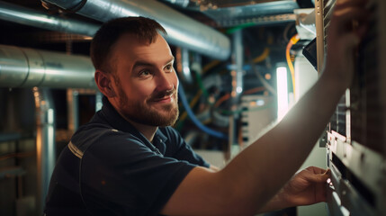 Happy man is an air conditioning system maintenance specialist. Worker replaces a contaminated air filter