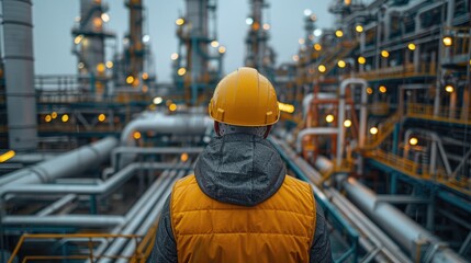 Fototapeta premium employee wearing yellow helmet and vest, industrial worker in oil processing plant, technical ambiance.