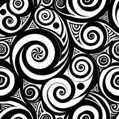 Fototapeta premium Seamless pattern of Maori-inspired koru and spiral motifs in black and white, representing new beginnings and growth, Generative AI