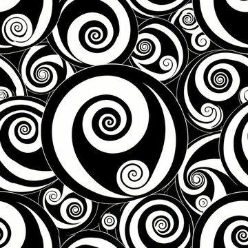 Seamless pattern of Maori-inspired koru and spiral motifs in black and white, representing new beginnings and growth, Generative AI
