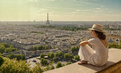 Lady in a Stylish Hat Delighting in a Spectacular Panorama from Atop a Structure
