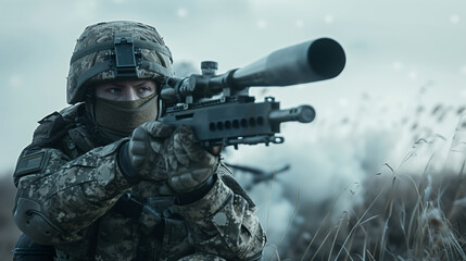 Naklejka premium The concept of war and military operations in the modern world. The soldier is holding a rifle and wearing a camouflage uniform
