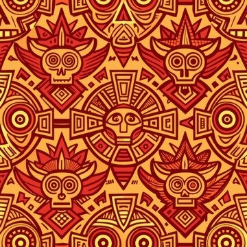 Seamless pattern of Mayan-inspired geometric patterns with intricate detailing and symbolism, perfect for a mystical and ancient-themed gift wrap, Generative AI