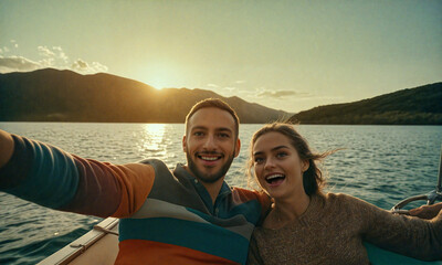 Beaming Pair Cherishing Moments on a Serene Boat Excursion