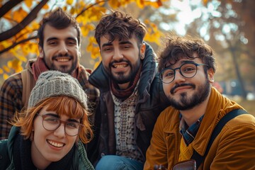 Portrait of a group of friends in the park in autumn.