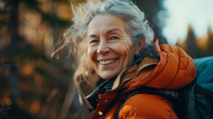 The concept of happiness and adventure in old age. A retired woman with a backpack and a smiling face. An elderly active woman