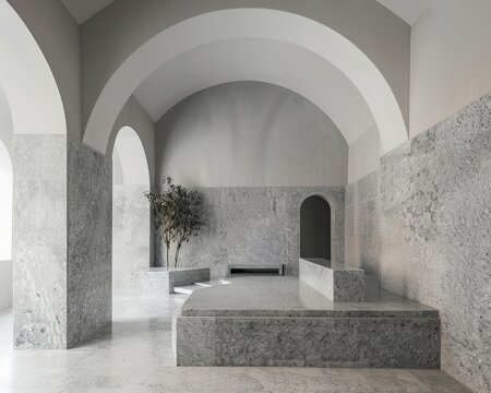 liminal space, concrete, arches, columns, platform, sparse, minimal, deserted