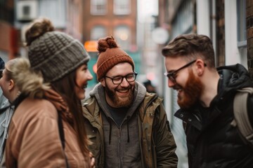 Group of friends walking together in the city. They are talking and laughing.