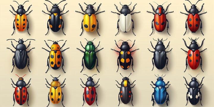 A cluster of vibrant beetles with varied colors like red, blue, and green, are gathered together on a plain white surface