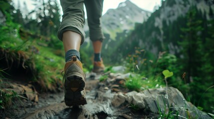 Detailed shot of feet in motion while walking on a scenic nature trail 