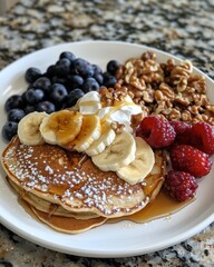Pancakes with Fruit and Nuts. Generative AI.