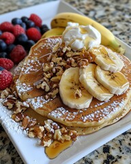 Pancakes with Bananas and Berries. Generative AI.