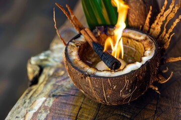 A smoky mezcal cocktail served in a hollowed out coconut shell with a charred cinnamon stick, super realistic