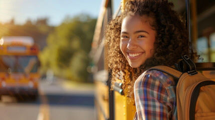 Fototapeta premium smiling white-skinned black girl getting off the yellow school bus, sun shining on her curly hair, backpack, text space