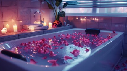A luxurious spa room with a large bathtub filled with aromatic flower petals