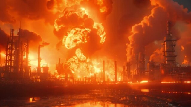 A factory that was swallowed up by a huge explosion. with flying debris and thick smoke.