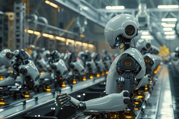 Fototapeta premium Automated robots are working efficiently in an assembly line at a factory, assembling products with precision and speed