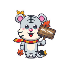 Cute white tiger with autumn sign board