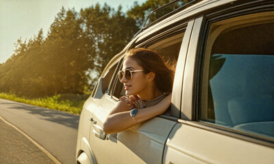 A Woman Relishing the Breeze from Her Car Window on a Sunny Day