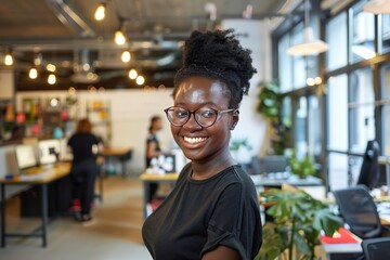 Portrait of happy success black woman working in a busy modern workplace, Startup coworker concept 
