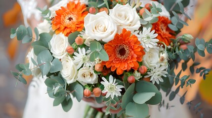 Wedding bouquet of the bride, consists of: chrysanthemums, orange major flowers, white roses, green eucalyptus leaves. Wedding. Autumn. wedding bouquet
