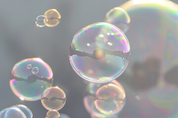Soft, iridescent bubbles dancing on a floating surface, super realistic
