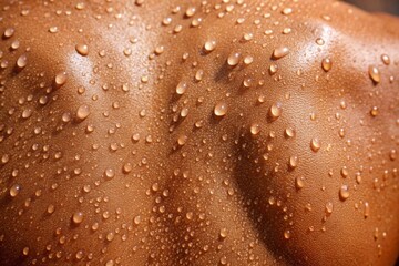 drops of sweat on tanned skin, close-up
