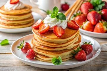  Stack of pancakes with honey and strawberry and whip cream on top in plate on white table, delicious dessert for breakfast