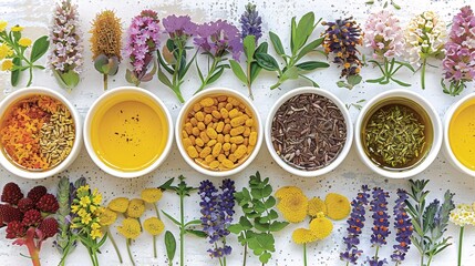 A row of ceramic bowls filled with a variety of colorful flowers displayed on a table