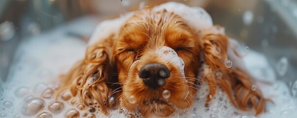 Capture a close-up shot of a fluffy, relaxed Cocker Spaniel getting a soothing lavender shampoo at the luxurious dog spa Highlight the bubbles and the dogs serene expression