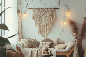Cozy bohemian interior featuring a relaxing nook with natural textures and soft lighting, perfect for peaceful moments.