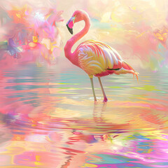 Obraz premium A whimsical flamingo stands gracefully in a vibrant, colorful pond, its reflection shimmering in the water under a bright, dreamy sky.