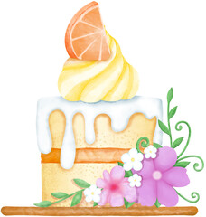 Orange Mini Cake with Spring Flowers Watercolor