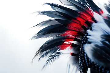 Dramatic feather headdress with striking red and black plumes, capturing the essence of tribal tradition and vibrant cultural expression.