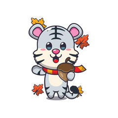Cute white tiger with acorns at autumn season