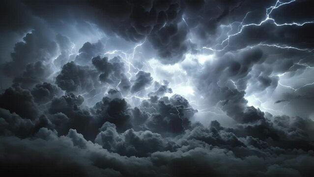 Dark clouds roll in as the sky lights up with brilliant bolts of lightning signaling the start of a fierce storm.