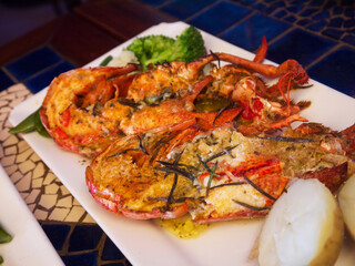 Grilled lobster thermidor, enjoying Hong Kong cuisine in Stanley Village