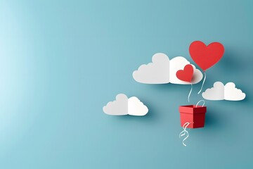 Pastel paper art style 3d illustration of gift box and balloons on clouds for birthday concept