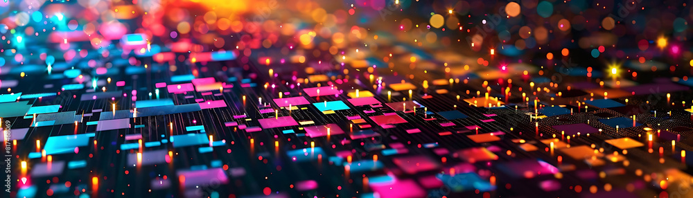 Poster abstract digital data background with colorful geometric shapes, including a triangle, a square, and