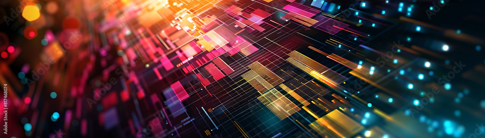 Poster abstract digital data background with colorful geometric shapes and lights