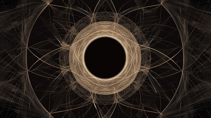A delicate circular pattern of thin lines and shapes, representing unity and connection on a black background.
