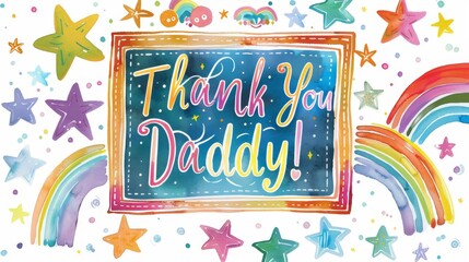 A vibrant watercolor illustration featuring the message 'Thank You Daddy' surrounded by stars and rainbows