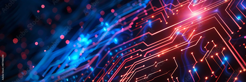 Poster abstract digital data background with glowing circuit lines, featuring a red light and a blue light