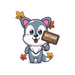 Cute wolf with autumn sign board