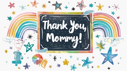 A vibrant and cheerful illustration featuring a Thank You, Mommy! message, rainbows, stars, and whimsical elements