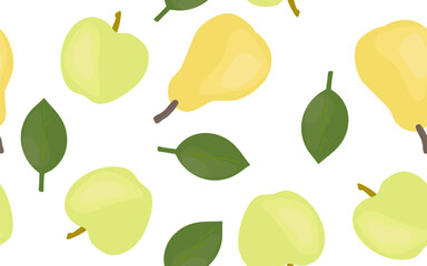 Yellow pears and green apples on a white background. Seamless pattern. Flat style, isolated. 
Background for cover, textile, dishes, interior decor.