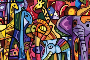 Fototapeta premium Cartoon cute doodles of a cubist-style animal parade, with elephants, lions, and giraffes depicted in abstract forms, Generative AI