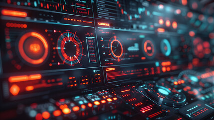 A high-tech control panel featuring glowing data interfaces and digital displays, representing advanced technology, data analysis, and cyber systems.